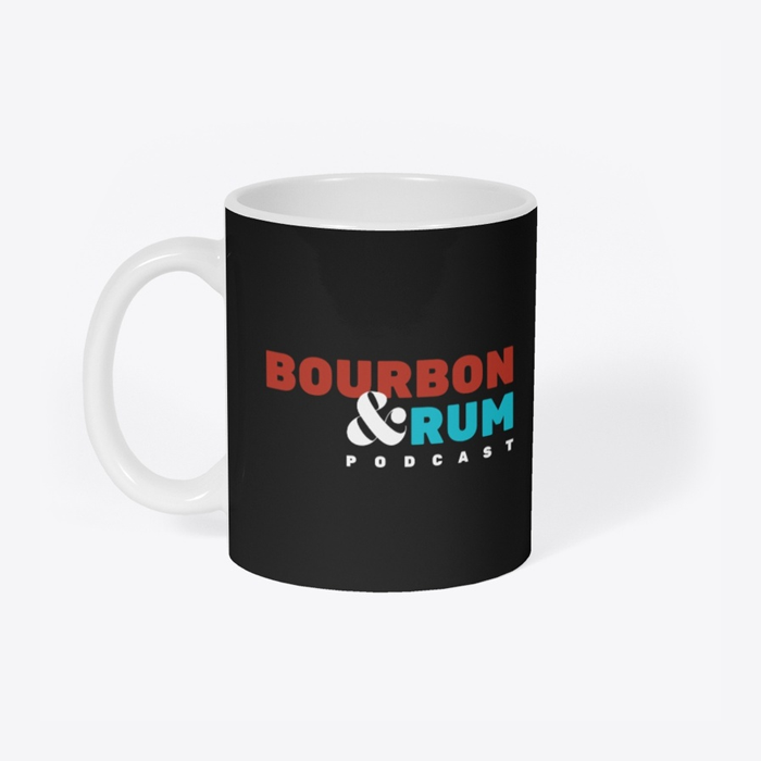 black mug with bourbon and rum branding.