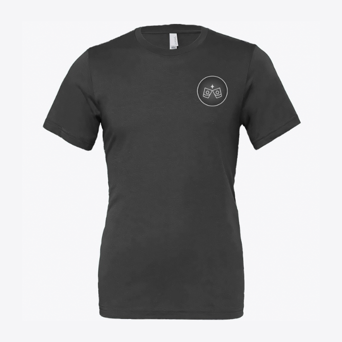 front of black tshirt with bourbon and rum branding.