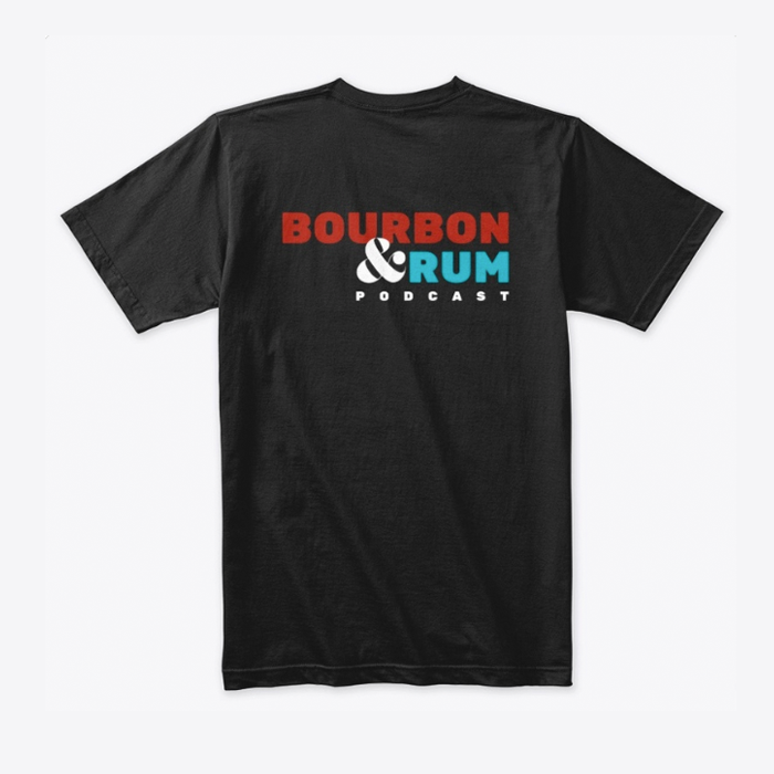 back of black tshirt with bourbon and rum branding.