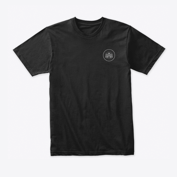 front of black tshirt with bourbon and rum branding.