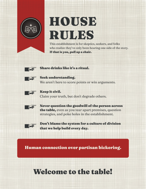 typography poster titled "House Rules," outlining principles for civil discourse, intellectual skepticism, and community connection.